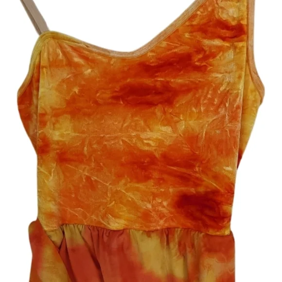 Theatrical Marbled Velour Top Asymmetrical Dress in Orange, Yellow - Picture 2 of 5